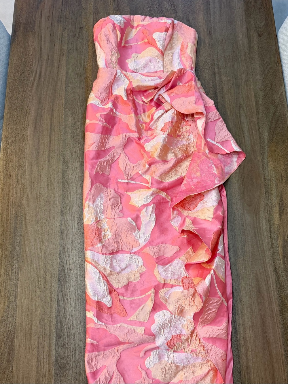Betsy & Adam Strapless Pink and Gold Floral Jacquard Gown
